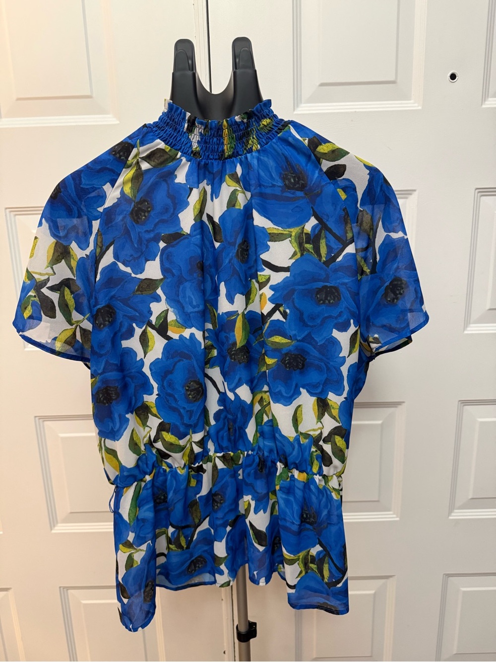 Blue Floral Smocked-Neck Blouse - Picture 1 of 4